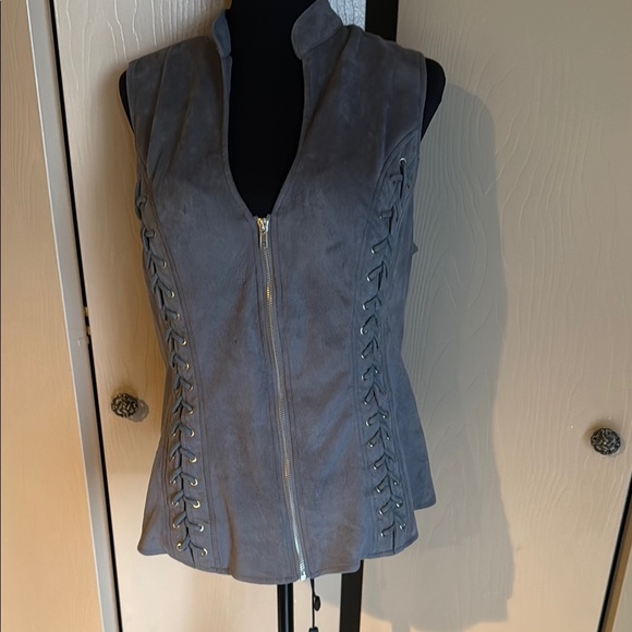 Gray Women's Motorcycle Harley Biker Vest with Lace-Up Sides and Cut Out Back - Picture 1 of 4